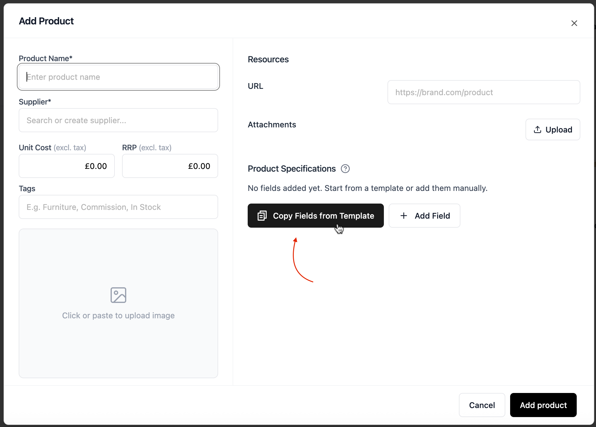 Add to products modal